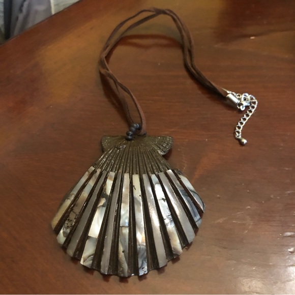 Brown/Gray Shell Pendant Necklace with Brown Cord - Picture 7 of 9
